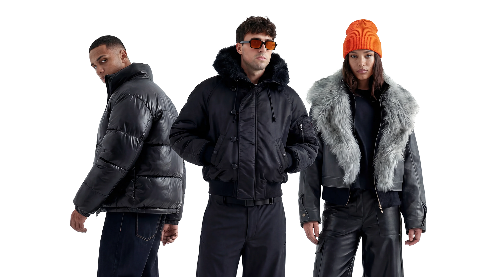 Three people wearing winter jackets on a white background