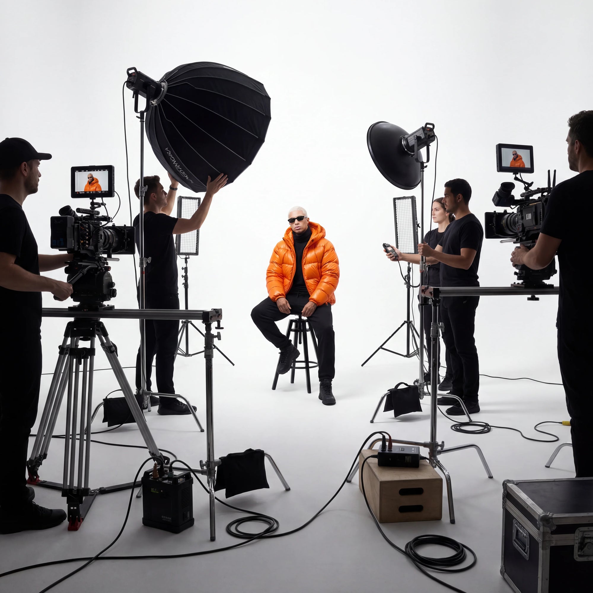 Film crew in a studio setting with equipment and a person in an orange jacket.