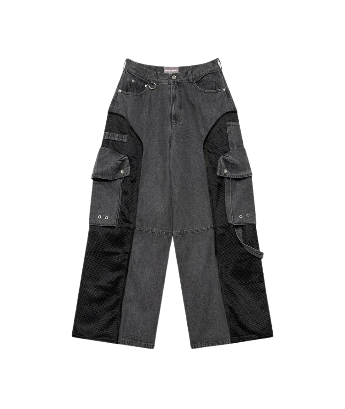 Dark gray cargo pants with multiple pockets on a transparent background