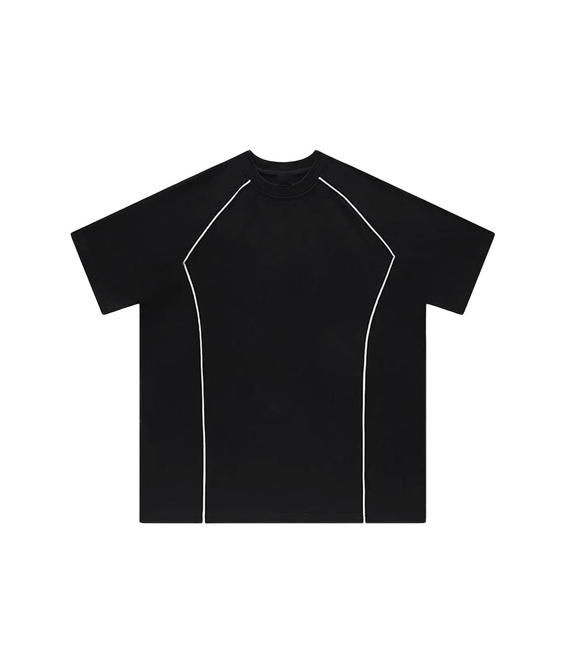 Black t-shirt with white accents on a white background