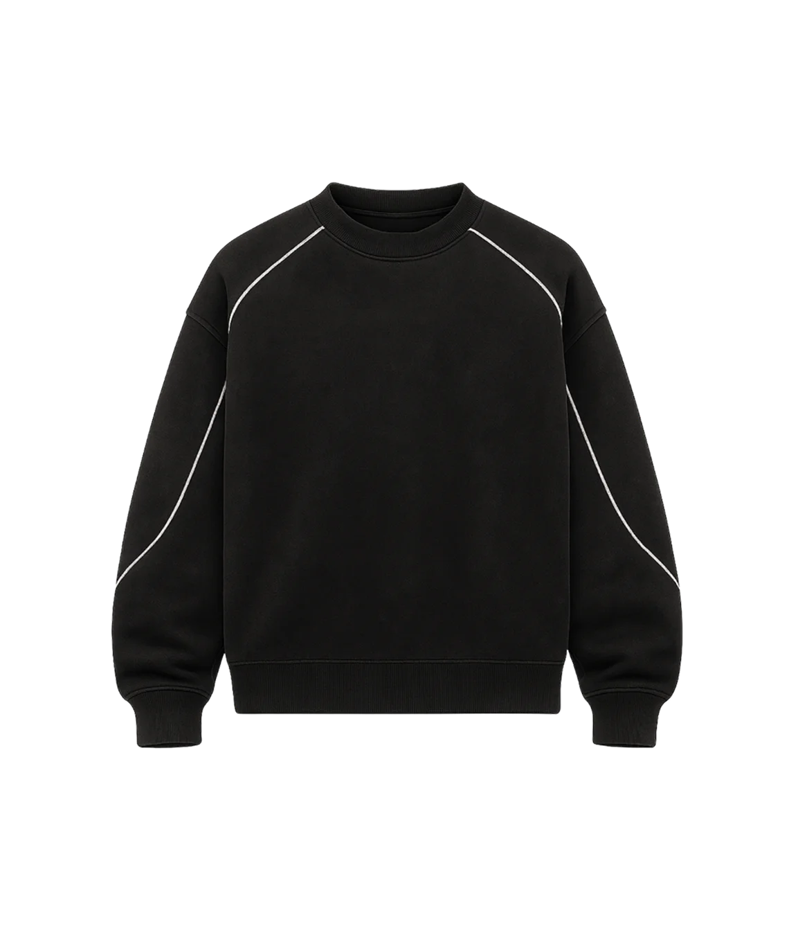 Black sweatshirt with white accents on a white background