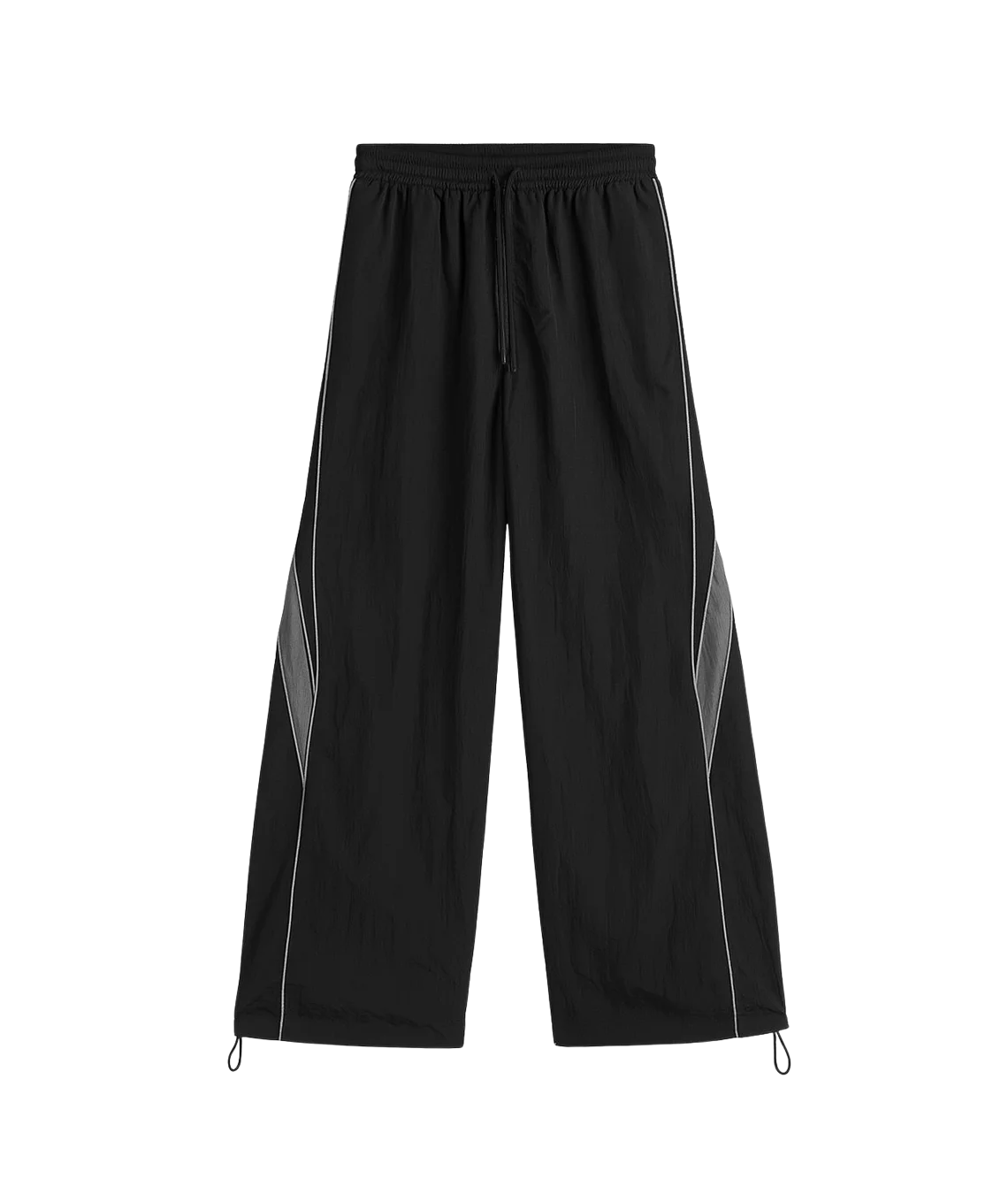 Black wide-leg pants with white piping on a white background