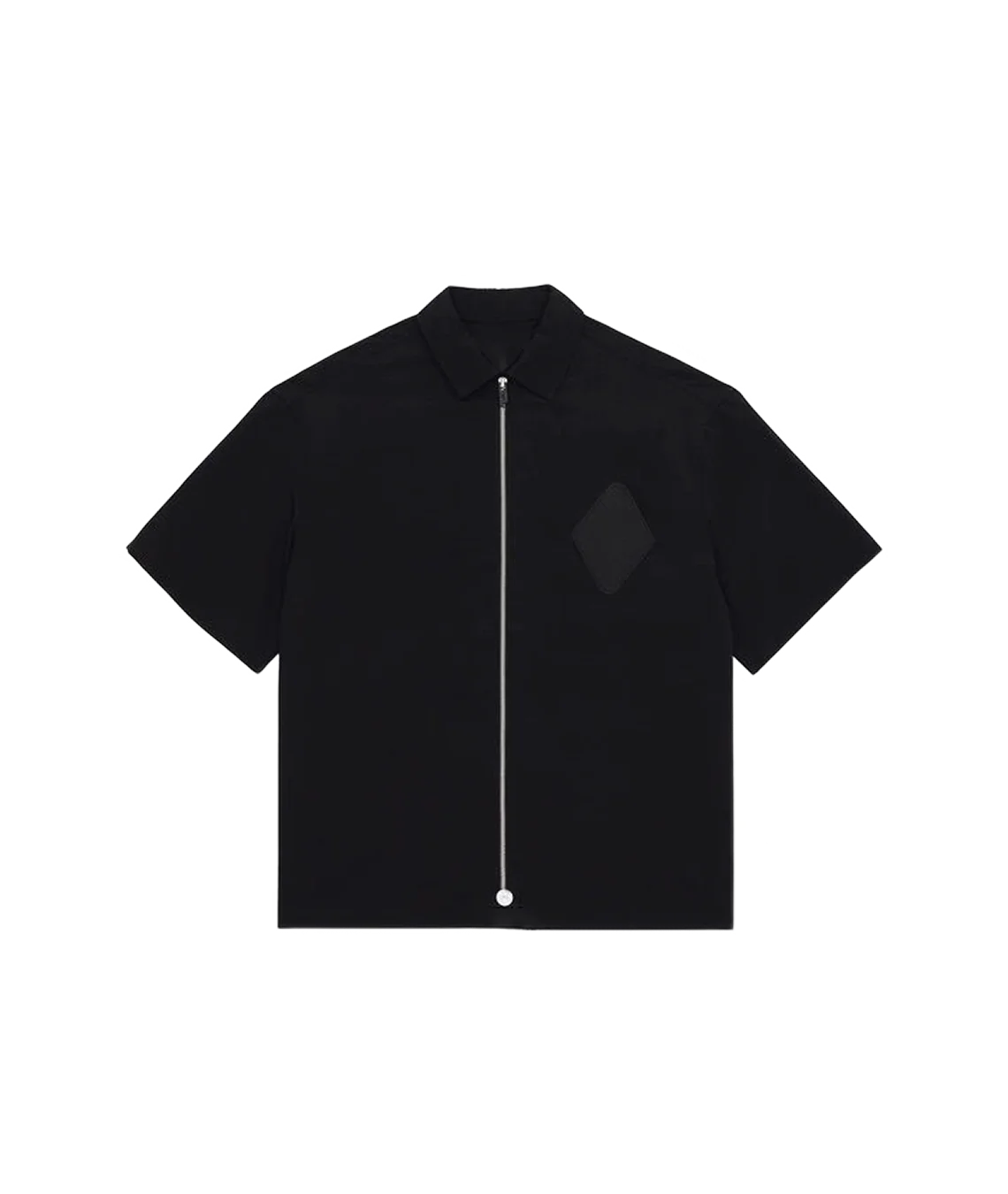 A black short-sleeve collared shirt with a front zipper and a tonal diamond-shaped chest patch, shown flat against a white background.