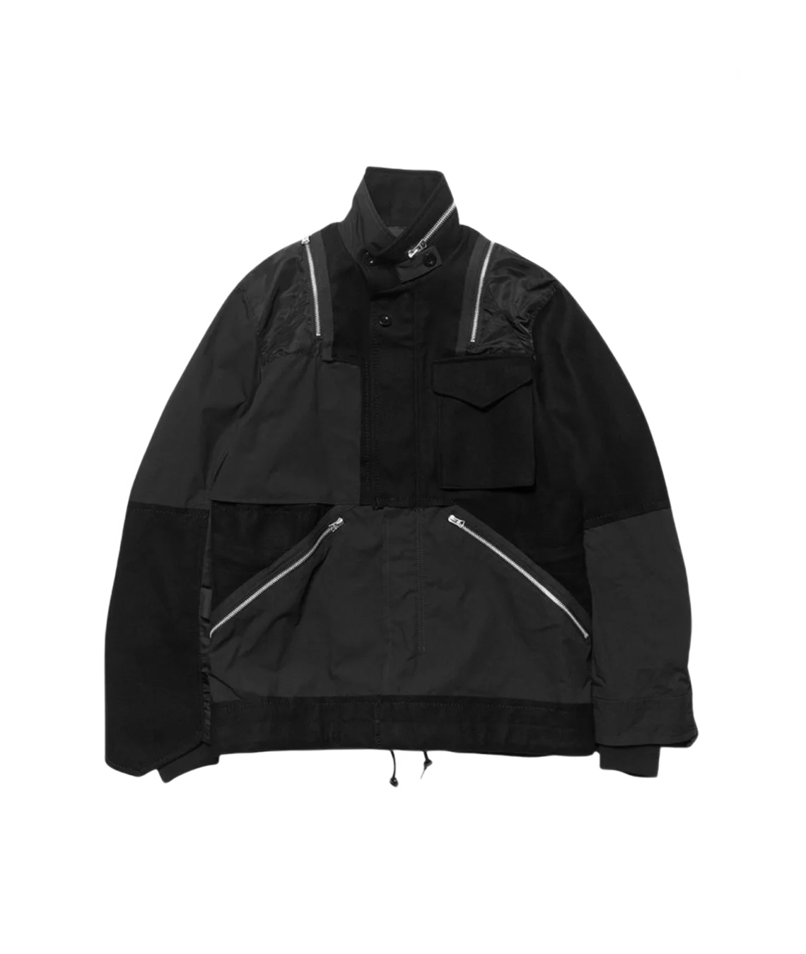 Black jacket with reflective zippers on a white background