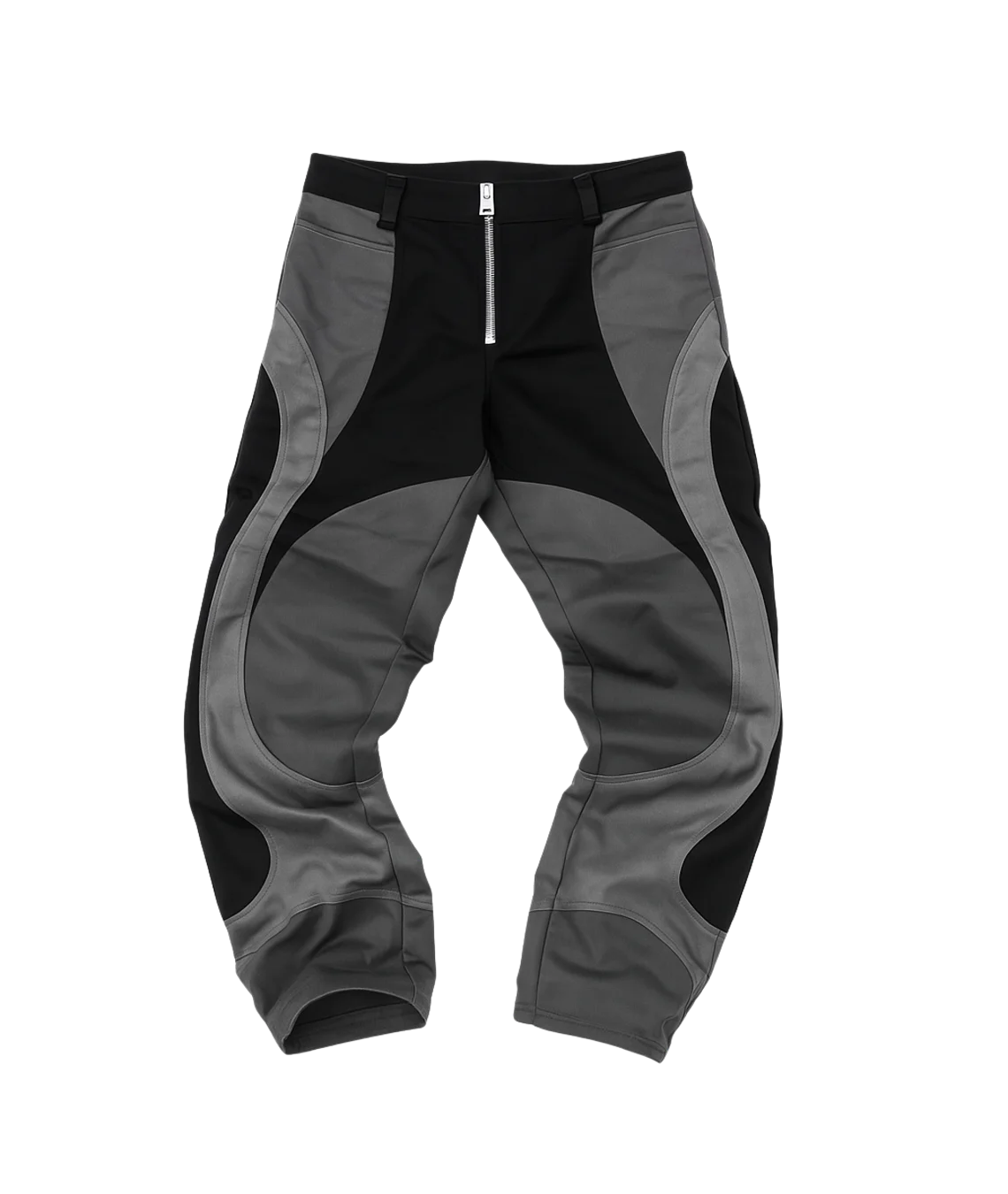 Black and gray pants with a zipper on a white background