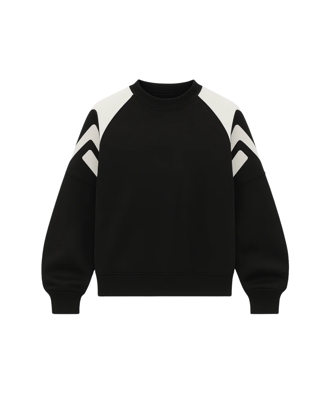 Black sweater with white arm stripes on a white background
