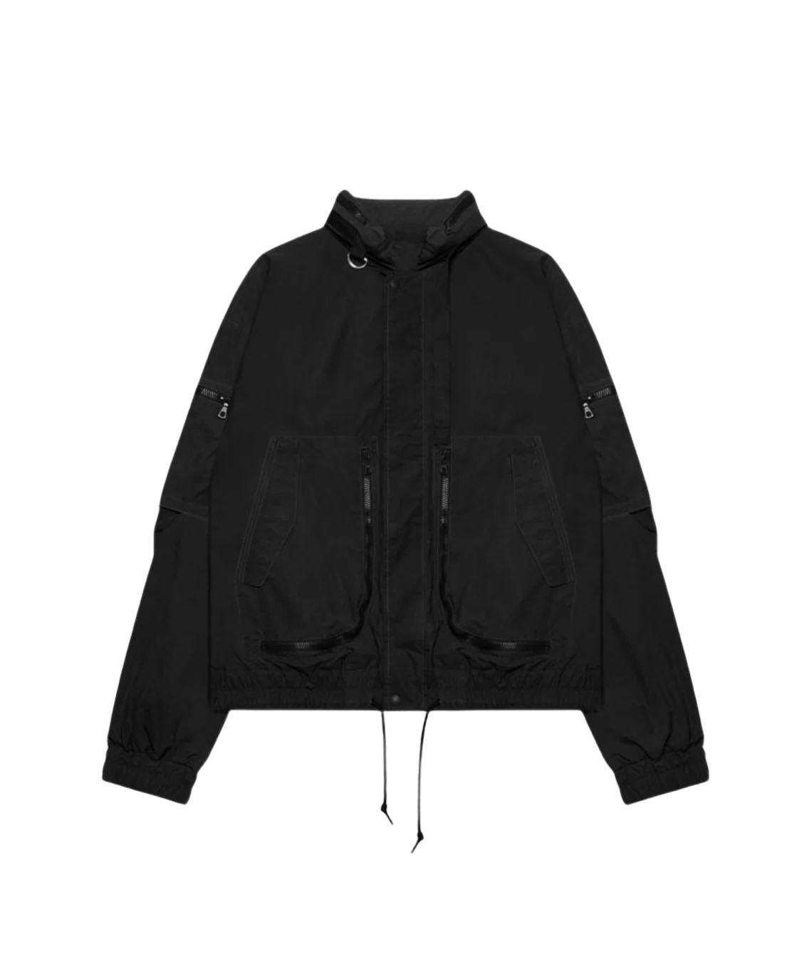 Black jacket with multiple pockets on a white background