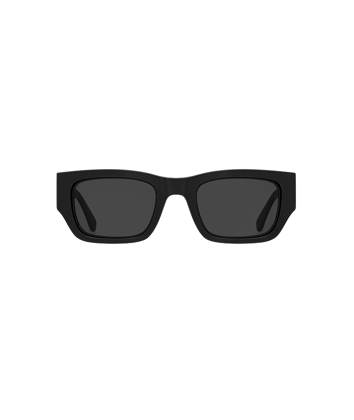 Matte black square sunglasses with dark lenses, shown from a front-facing perspective on a solid white background.