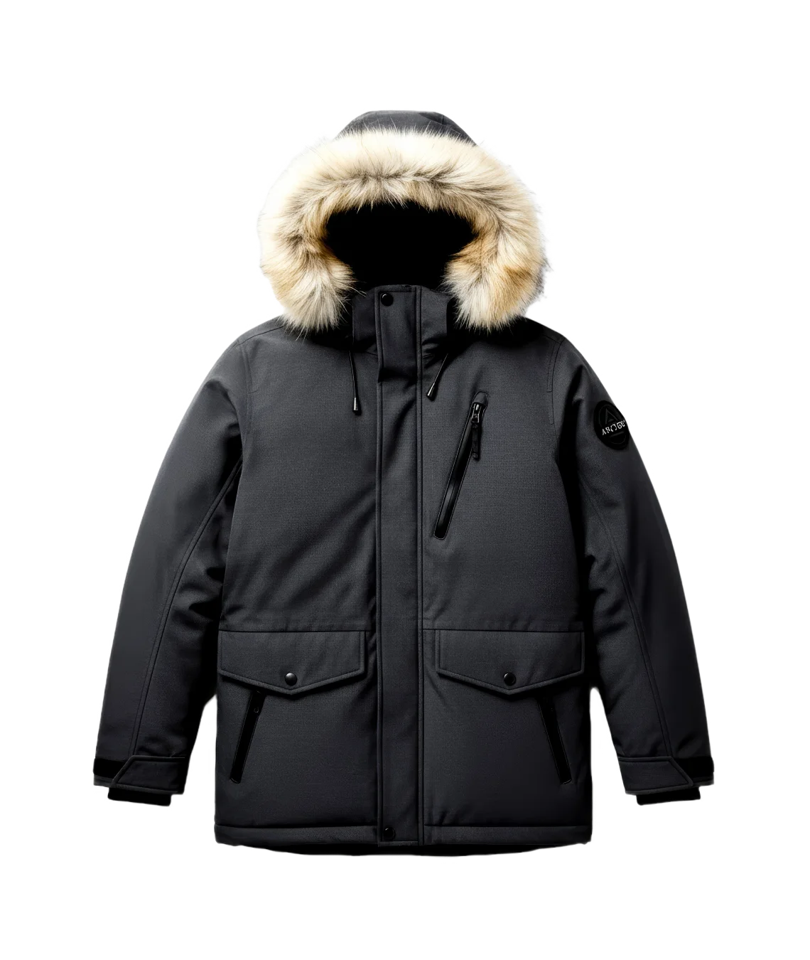 Black parka with fur-lined hood on a white background