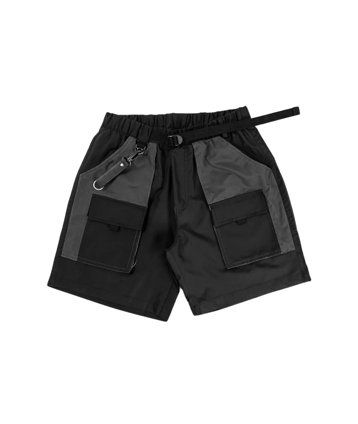 Black shorts with multiple pockets and a belt on a white background
