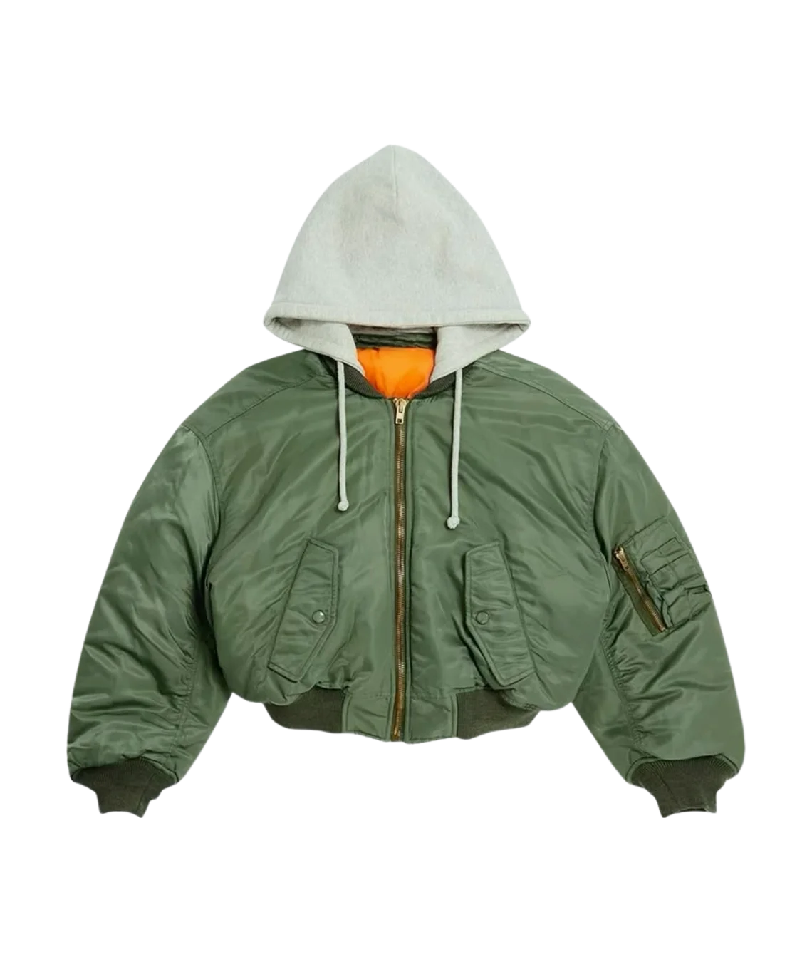 Green bomber jacket with a white hood on a transparent background
