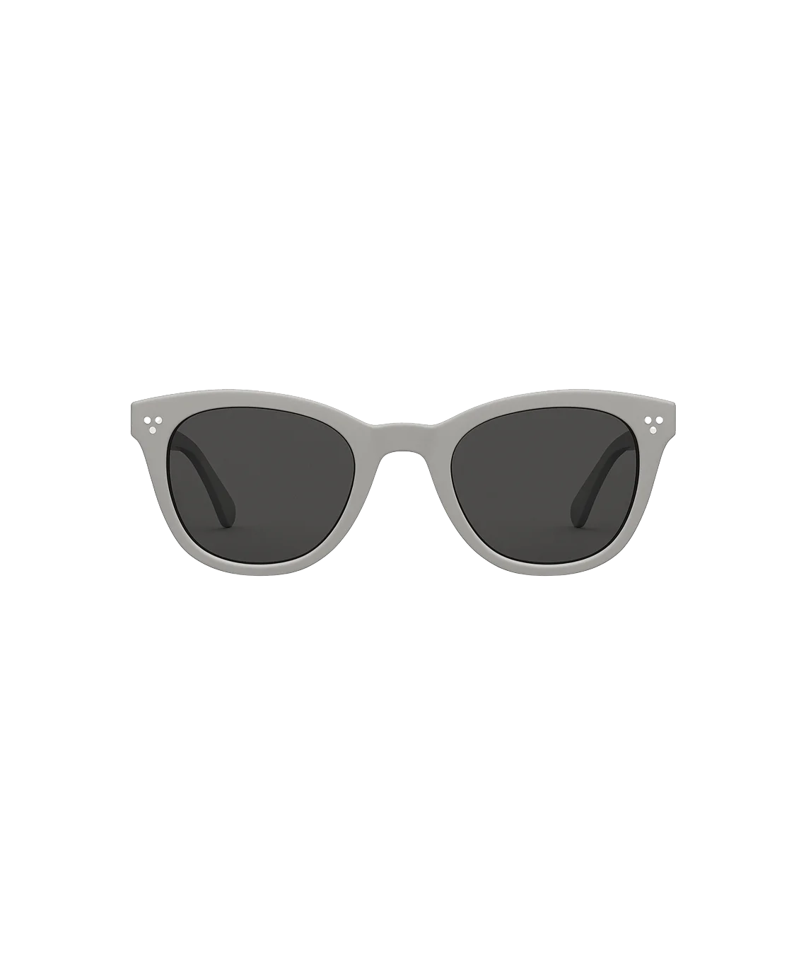 A pair of cat-eye sunglasses with a light gray frame and dark gray lenses, shown against a plain white background.