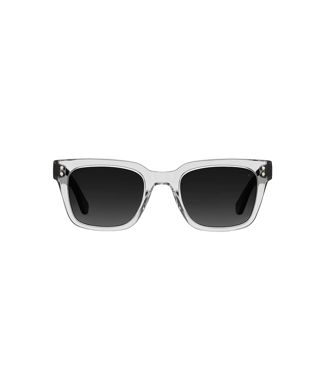 A pair of square sunglasses with a translucent clear acetate frame and dark gray gradient lenses, shown against a plain white background.