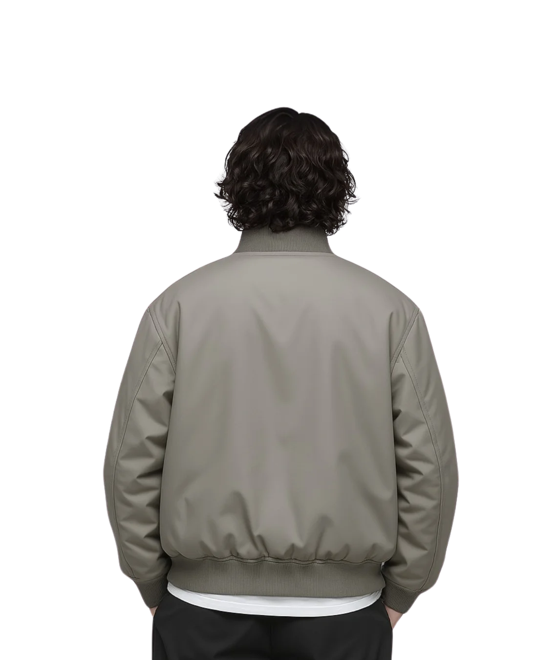 Person wearing a beige bomber jacket on a white background