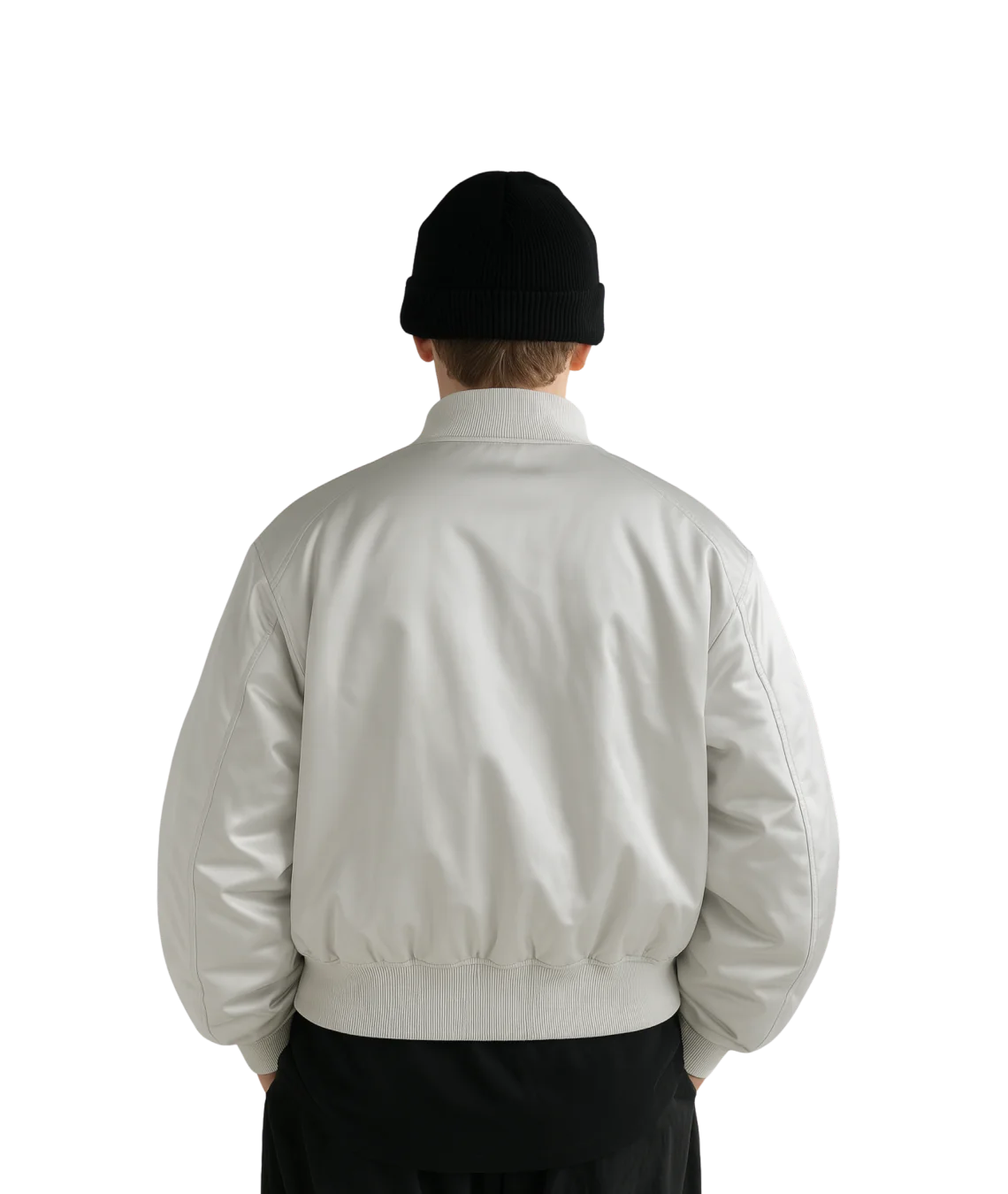 Person wearing a light gray jacket and black beanie from behind on a white background