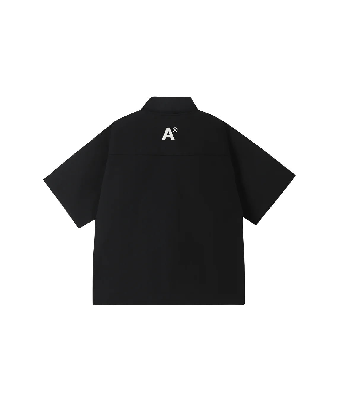 Black polo shirt with a logo on the back against a white background