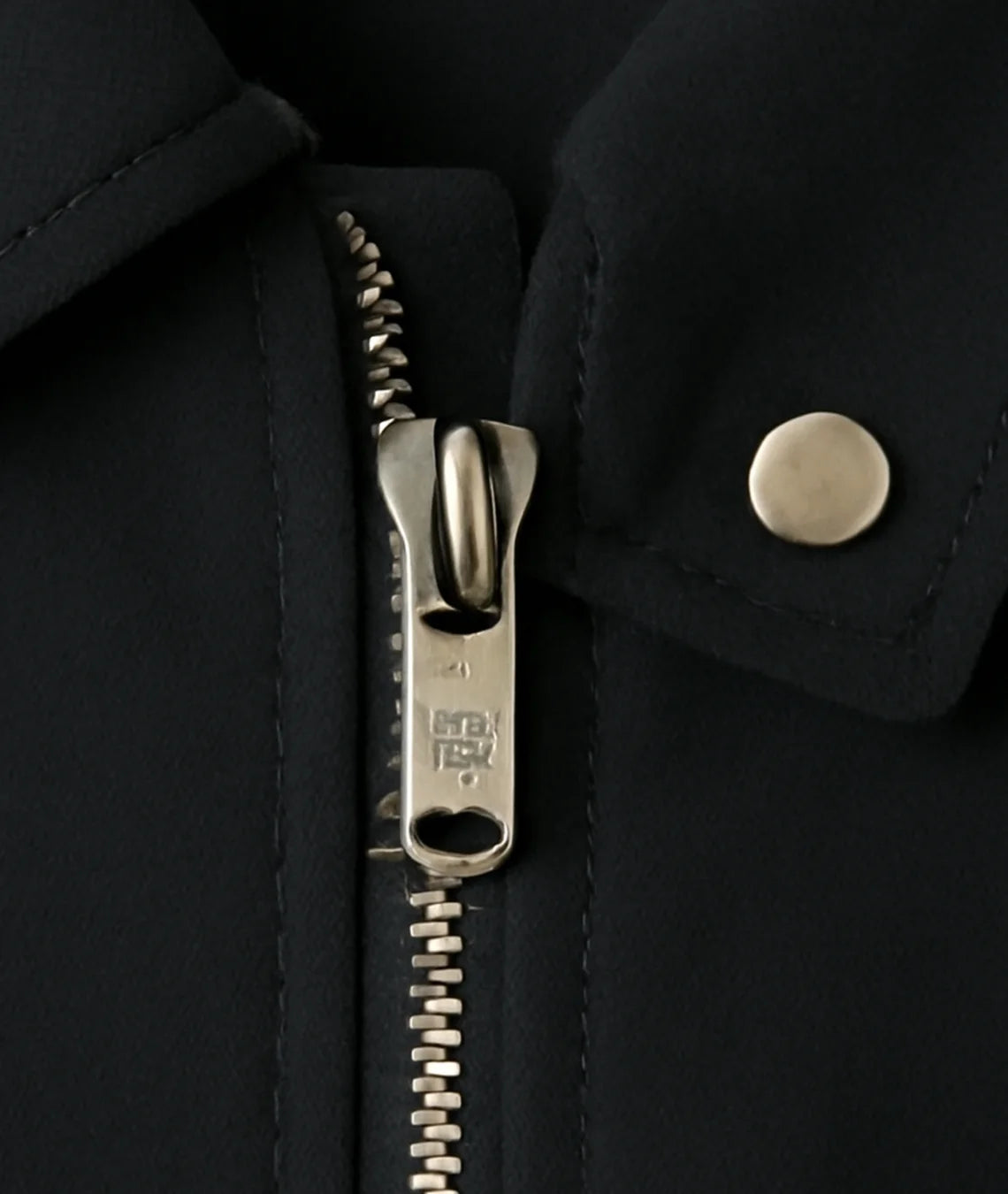 Close-up of a black coat with a zipper and button detail