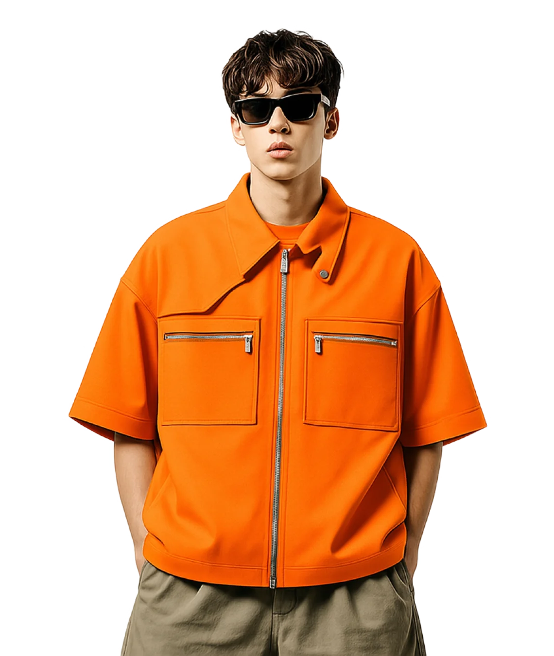 Person wearing an orange short-sleeve jacket with a white background