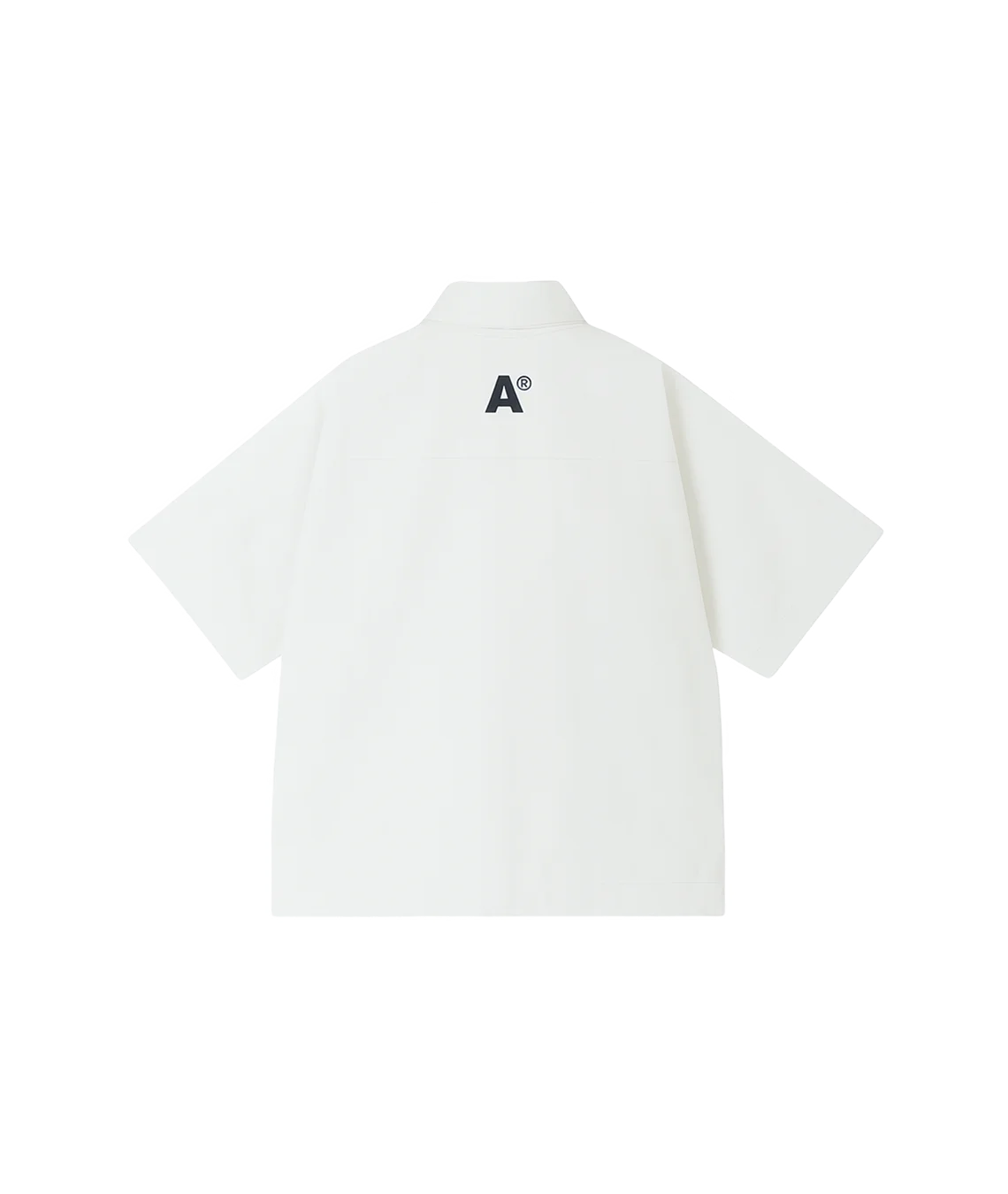 White polo shirt with a black logo on the back against a white background