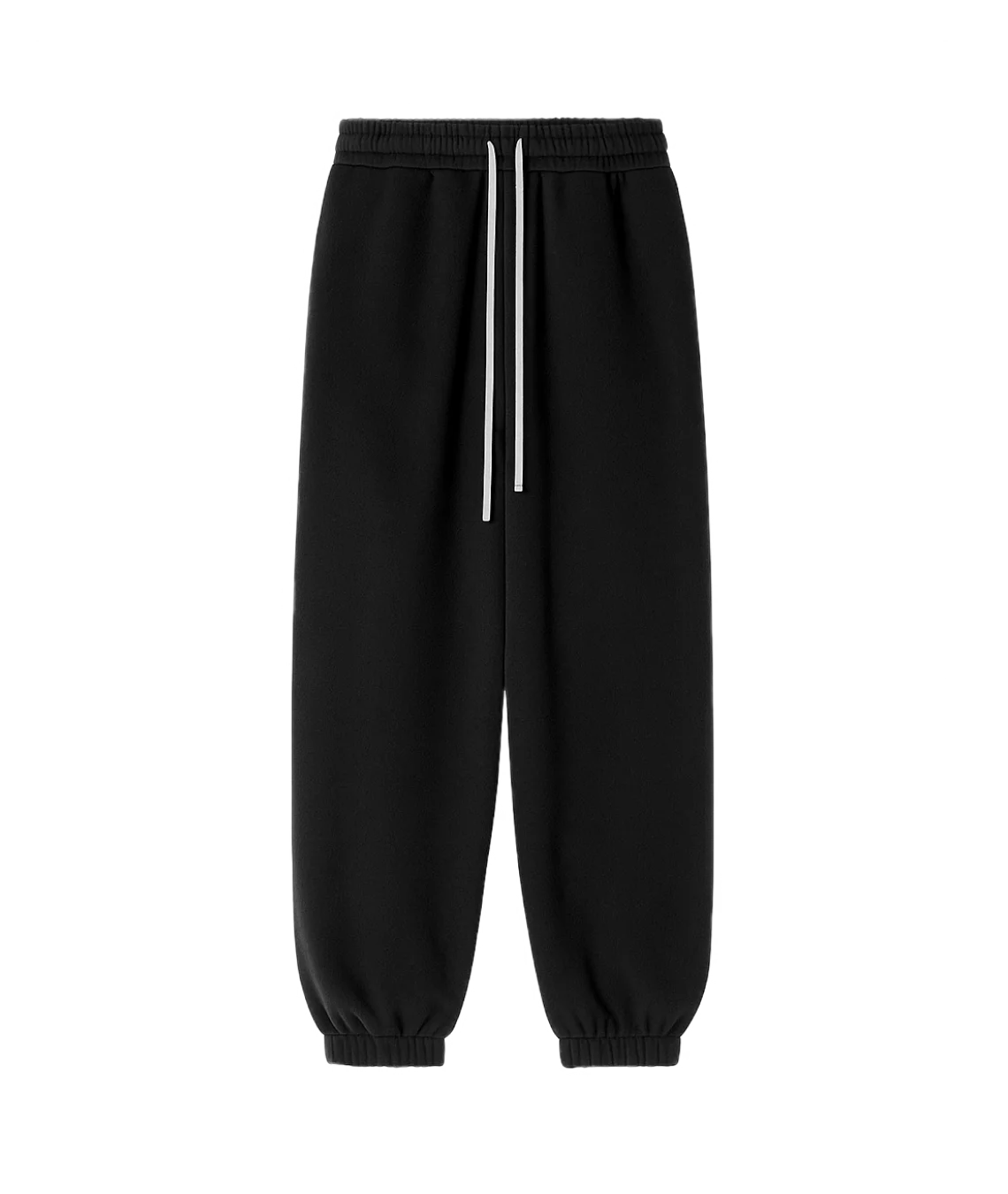 Black sweatpants with drawstrings on a white background