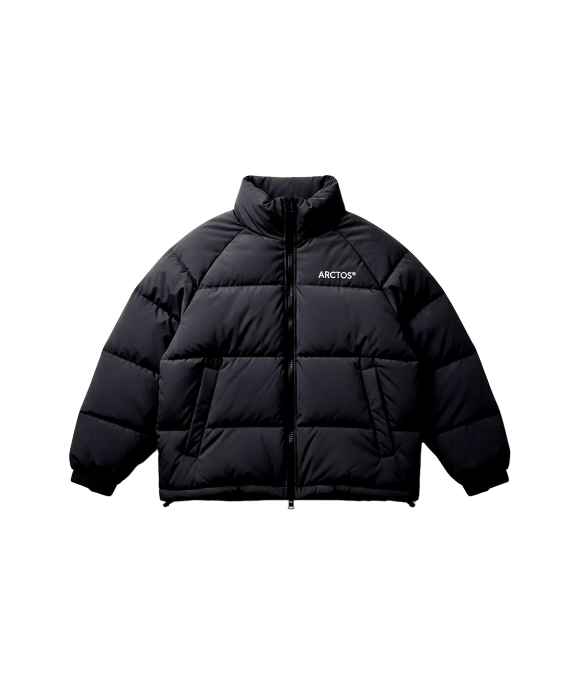 Black puffer jacket with brand logo on a white background