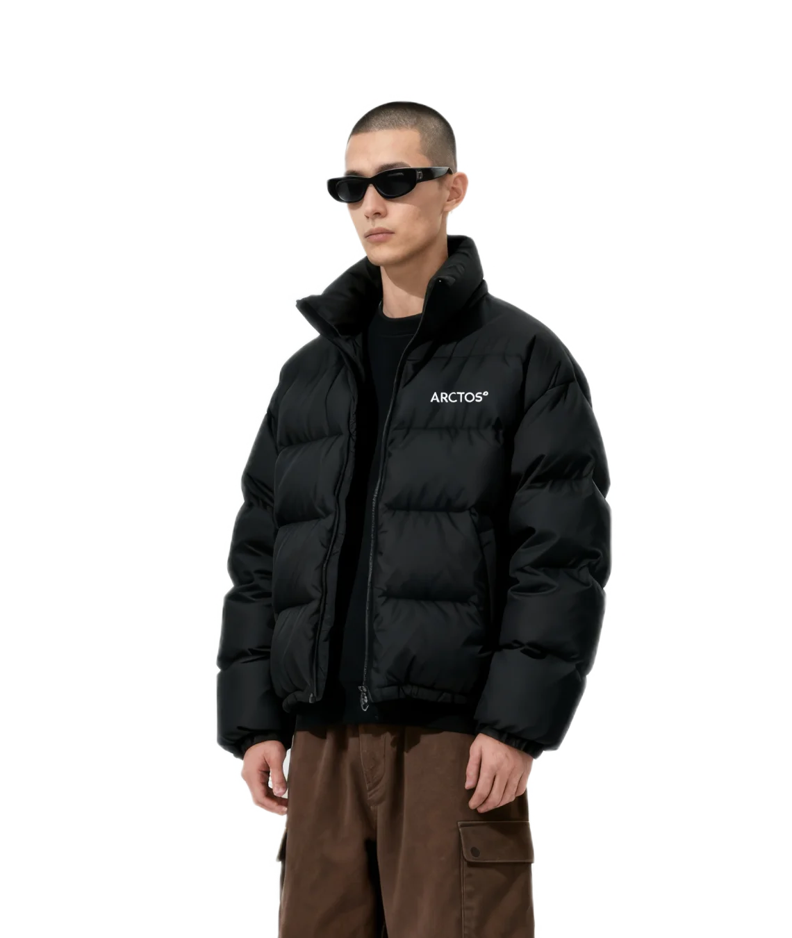Person wearing a black puffer jacket with 'BYAKKO' branding on a white background