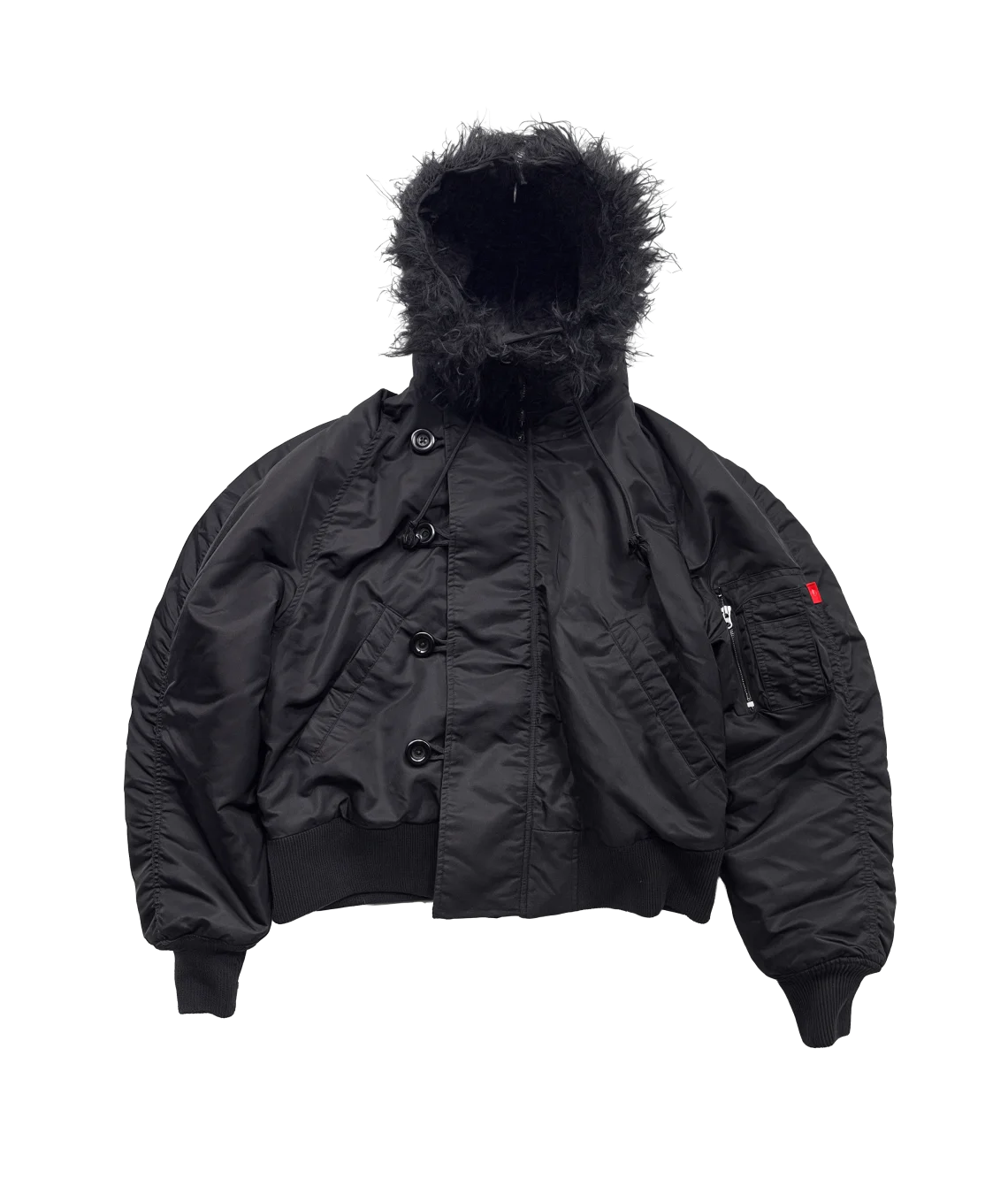 Black jacket with fur hood on a white background