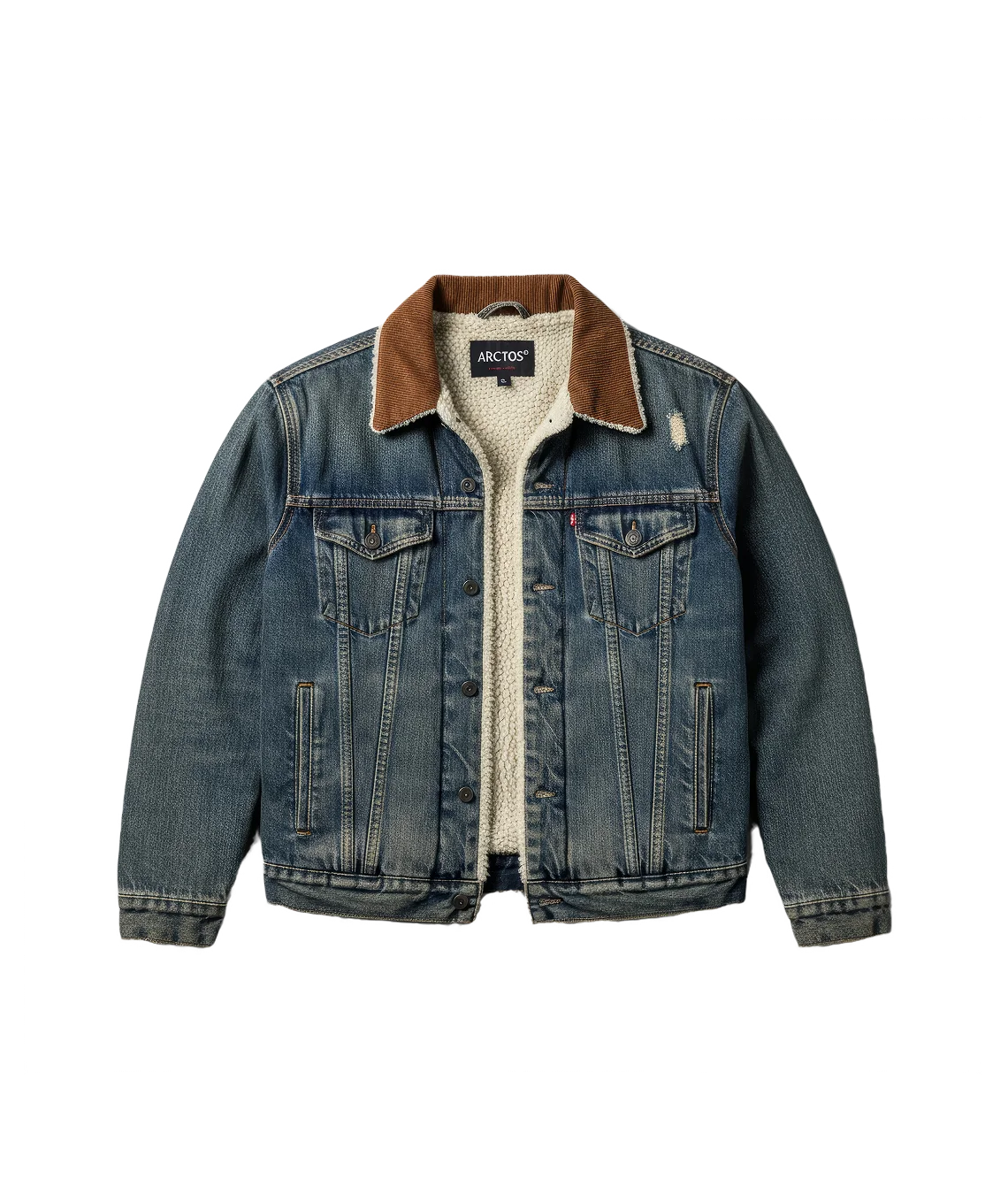 Denim jacket with brown collar and white lining on a white background