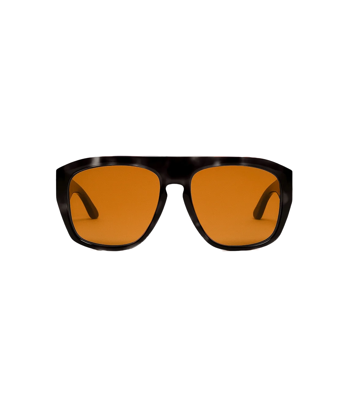 A pair of oversized square sunglasses with a glossy black tortoiseshell frame and vibrant amber-orange lenses, shown against a plain white background.