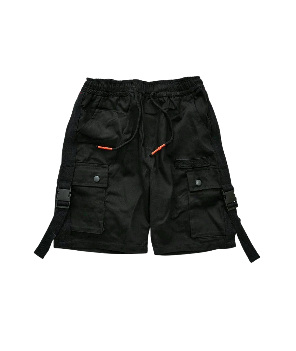 Black cargo shorts with orange accents on a white background