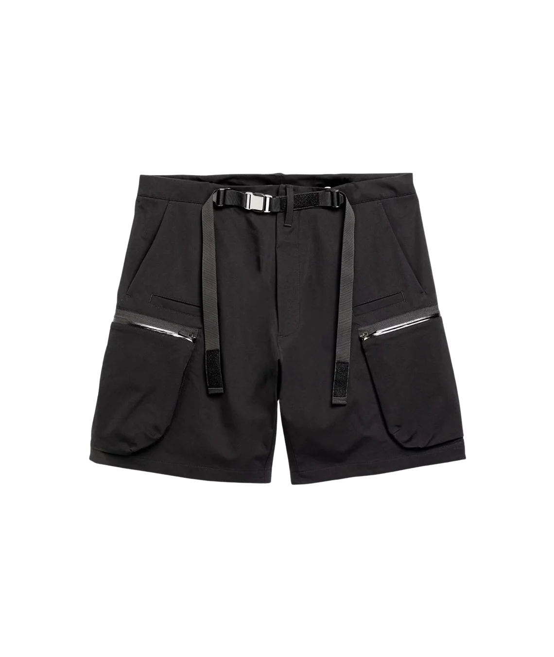 Black shorts with zippers on a white background