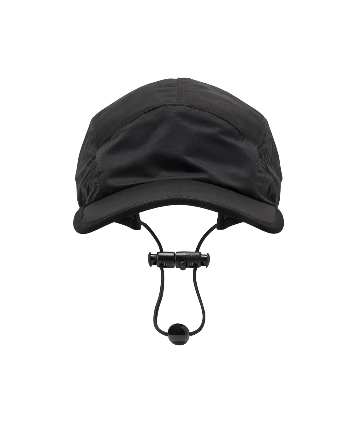 Black cap with chin strap on a white background